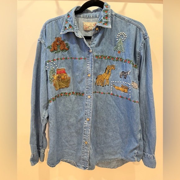 new directions Tops - VTG 90s Christmas Noah’s Ark Embroidered Denim Button Up